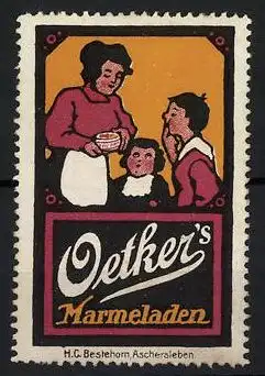 Reklamemarke Oetker's Marmeladen, Mutter und Kinder mit Marmeladendose