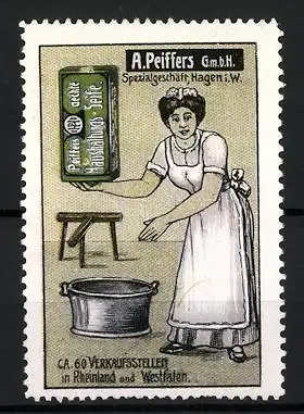Reklamemarke Peiffer's aechte Haushaltungs-Seife, A. Peiffers GmbH, Hagen i. W., Waschfrau