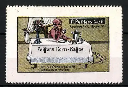 Reklamemarke Peiffer's Korn-Kaffee, A. Peiffers, Hagen i. W., Frau am Kaffeetisch