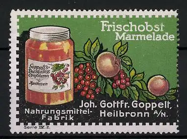 Reklamemarke Frischobst-Marmelade, Nahrungsmittelfabrik Joh. Gottfr. Goppelt, Heilbronn a. N., Marmeladenglas und Obst