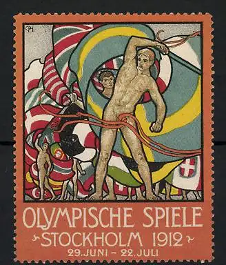 Reklamemarke Stockholm, Olympische Spiele 1912, nackte Sportler mit Flaggen