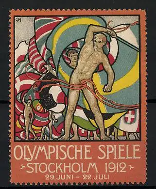 Reklamemarke Stockholm, Olympische Spiele 1912, nackte Sportler mit Flaggen