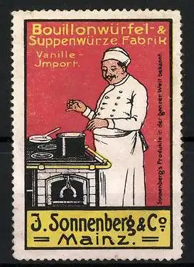 Reklamemarke Bouillonwürfel- und Suppenwürze-Fabrik J. Sonnenberg & Co, Mainz, Koch am Herd