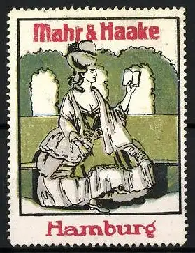 Reklamemarke Mahr & Haake, Hamburg, Frau mit Buch auf einer Parkbank, Biedermeier