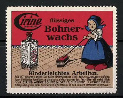 Reklamemarke Cirine ist flüssiges Bohnerwachs für kinderleichtes Arbeiten, Mädchen mit Schrubber, Flasche