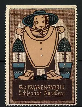 Reklamemarke Wollwaren-Fabrik Lichtenhof, Nürnberg, Mädchen mit gestrickter Kleidung