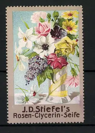Reklamemarke Rosen-Clycerin-Seife, J. D. Stiefel, schöner Blumenstrauss in einer Glasvase