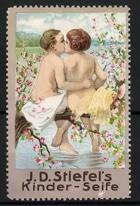 Reklamemarke Kinderseife von J. D. Stiefel, nacktes Kinderpaar auf einem Ast sitzend