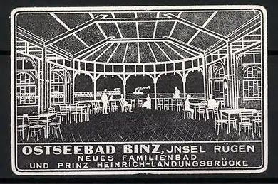 Präge-Reklamemarke Binz, Neues Familienbad und Prinz Heinrich-Landungsbrücke, Ostseebad der Insel Rügen
