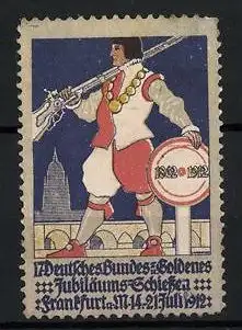 Reklamemarke Frankfurt a. M., 17. Deutsches Bundes- und Goldenes Jubiläums-Schiessen 1912, Schütze am Stadtrand