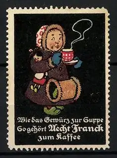 Reklamemarke Aecht Franck Kaffeezusatz, Eskimomädchen mit Puppe und Kaffeetasse