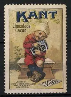 Reklamemarke Kant Chocolade & Cacao, Fabrik Kant, Wittenberg, Bube freut sich über seine Kakaoschachtel