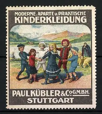 Reklamemarke Moderne und praktische Kinderkleidung von Paul Kübler & Co. GmbH, Stuttgart, tanzende Kinder