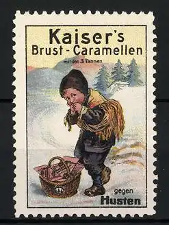 Reklamemarke Kaiser's Brust-Caramellen, mit den 3 Tannen, gegen Husten, Bube nascht Caramellen im Schnee