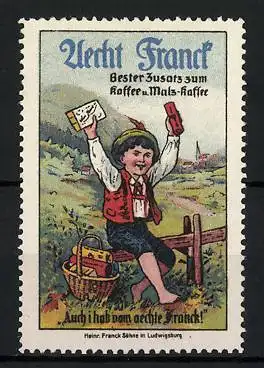 Reklamemarke Aecht Franck - bester Zusatz zum Kaffee und Malz-Kaffee, Knabe mit Korb voller Kaffee