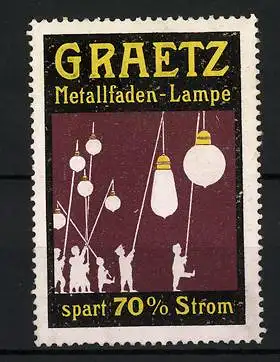Reklamemarke Graetz Metallfaden-Lampe spart 70% Strom, Kinder mit Glühlampen als Lampions