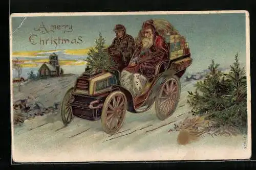 AK der Weihnachtsmann mit Geschenken und einem Weihnachtsbaum in einem Auto