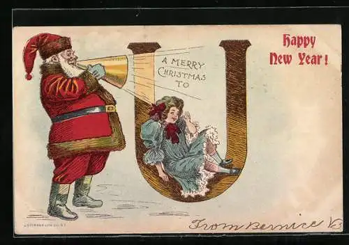 AK Weihnachtsmann wünscht mit einem Megaphon einem Mädchen frohe Weihnachten