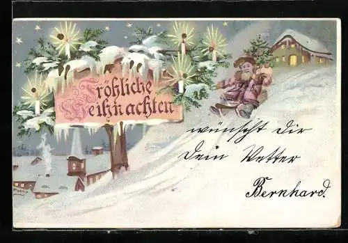 Lithographie Der Weihnachtsmann rodelt einen Berg hinab