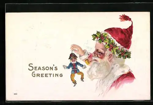 AK Weihnachtsmann mit Puppe, Season`s Greeting