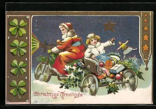 Präge-AK Weihnachtsmann fährt mit Mädchen auf seinem Motorrad durch den Schnee