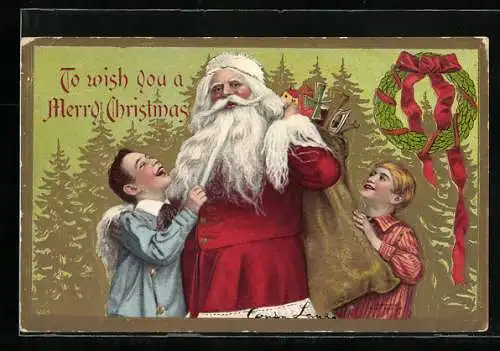 Präge-AK Kinder ziehen dem Weihnachtsmann am Bart