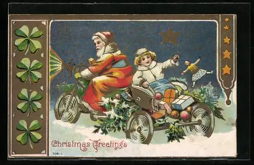 Präge-AK Weihnachtsmann und Mädchen mit Puppe fahren im Motorrad durch den Schnee