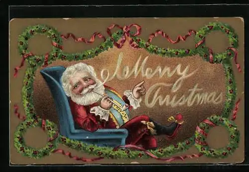 AK Merry Christmas!, Weihnachtsmann mit Pfeife auf einem Sessel