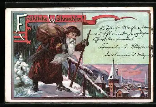 Lithographie Alter Weihnachtsmann mit Wanderstock auf dem Weg in die Stadt