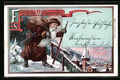 AK Weihnachtsmann in braunem Mantel wandert in Richtung Stadt