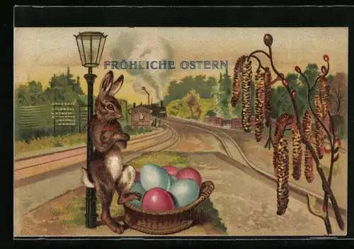 AK Joyeuses Pâques, Osterhase mit bemalten Eiern