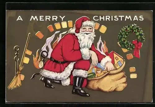 Präge-AK Der Weihnachtsmann verpackt seine Geschenke im Kartoffelsack