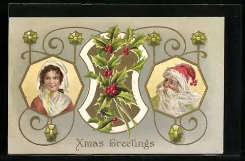 Präge-AK Weihnachtsmann und junges Mädchen im goldenen Rahmen mit Edelsteinen