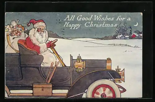 Präge-AK Der Weihnachtsmann fährt mit seinem Auto durch die Welt