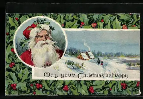 Präge-AK Weihnachtsmann wacht über zwei Kinder im Schnee