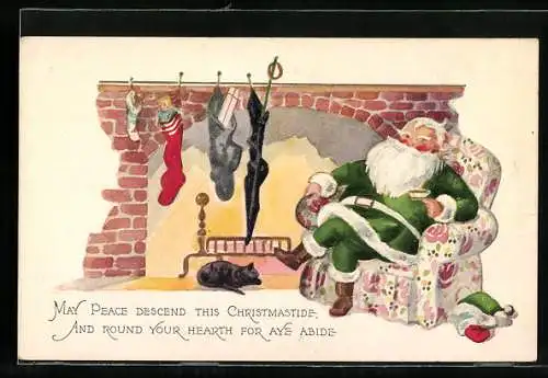 Präge-AK Der Weihnachtsmann geniesst eine Tasse Tee am Kamin