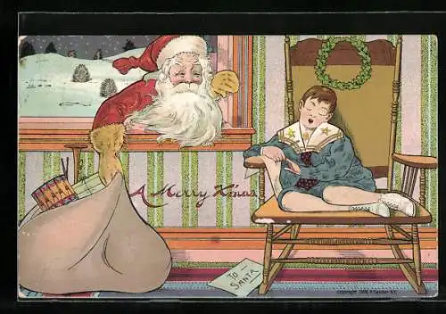 Präge-AK Der Weihnachtsmann entdeckt einen Wunschzettel