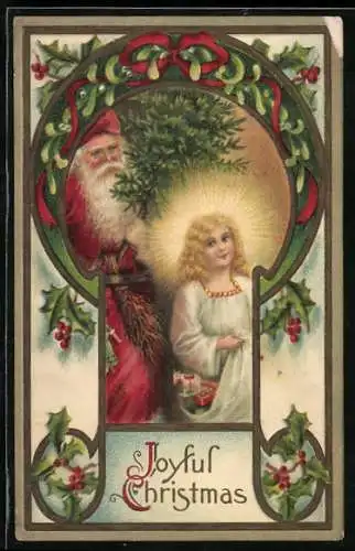 AK Weihnachtsmann und Christkind bringen Tannenbaum und Geschenke