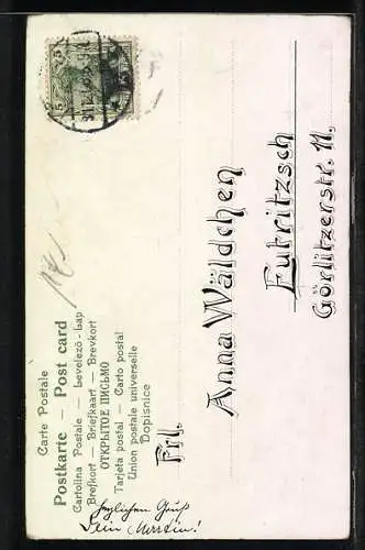 AK Zwerg schneidet ein Kleeblatt ab, Neujahr