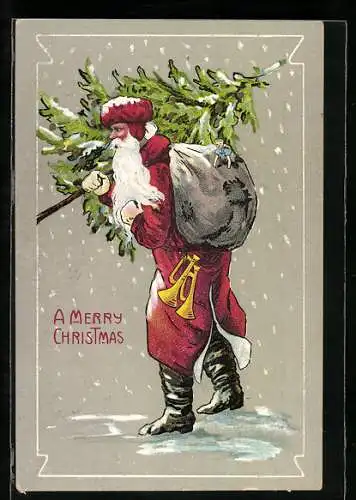 Präge-AK Weihnachtsmann stapft mit Geschenksack und Tannenbaum durch den Schnee