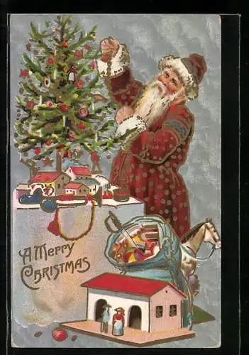 AK Der Weihnachtsmann schmückt fröhlich seinen Christbaum