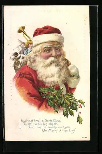 Präge-AK Weihnachtsmann vollbepackt mit Geschenken und Stachelpalme