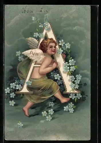 Lithographie Amor mit Buchstabe A unter dem Arm, Vergissmeinnicht