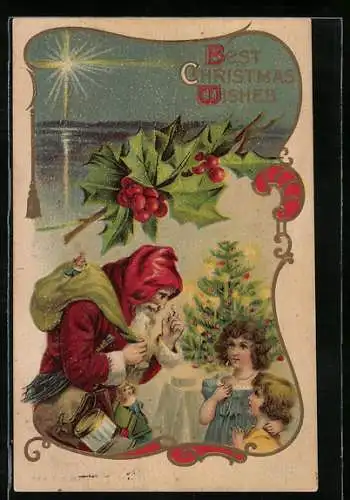 AK Weihnachtsmann mit Geschenkesack spricht zu den Kindern