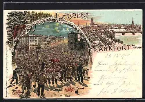 Winter-Lithographie Frankfurt am Main, Silvesternacht auf der Zeil