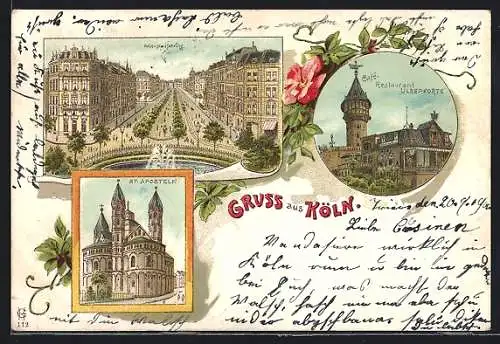 Lithographie Köln-Neustadt, Cafe-Restaurant Ulrepforte, St. Aposteln, Hohenstaufenring um 1900