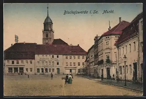 AK Bischofswerda i. Sa., Eisenwarenhandel am Markt