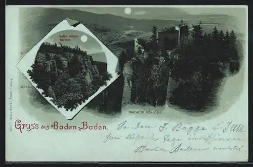 Mondschein-Lithographie Baden-Baden, Altes Schloss, Partie auf dem Battert
