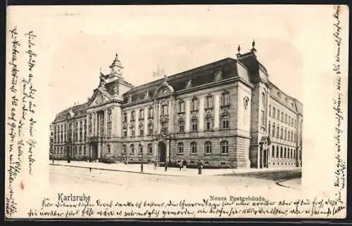 AK Karlsruhe, Neues Postgebäude mit Strasse