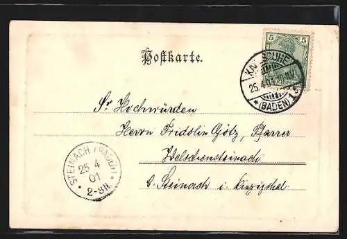 AK Karlsruhe, Neues Postgebäude mit Strasse